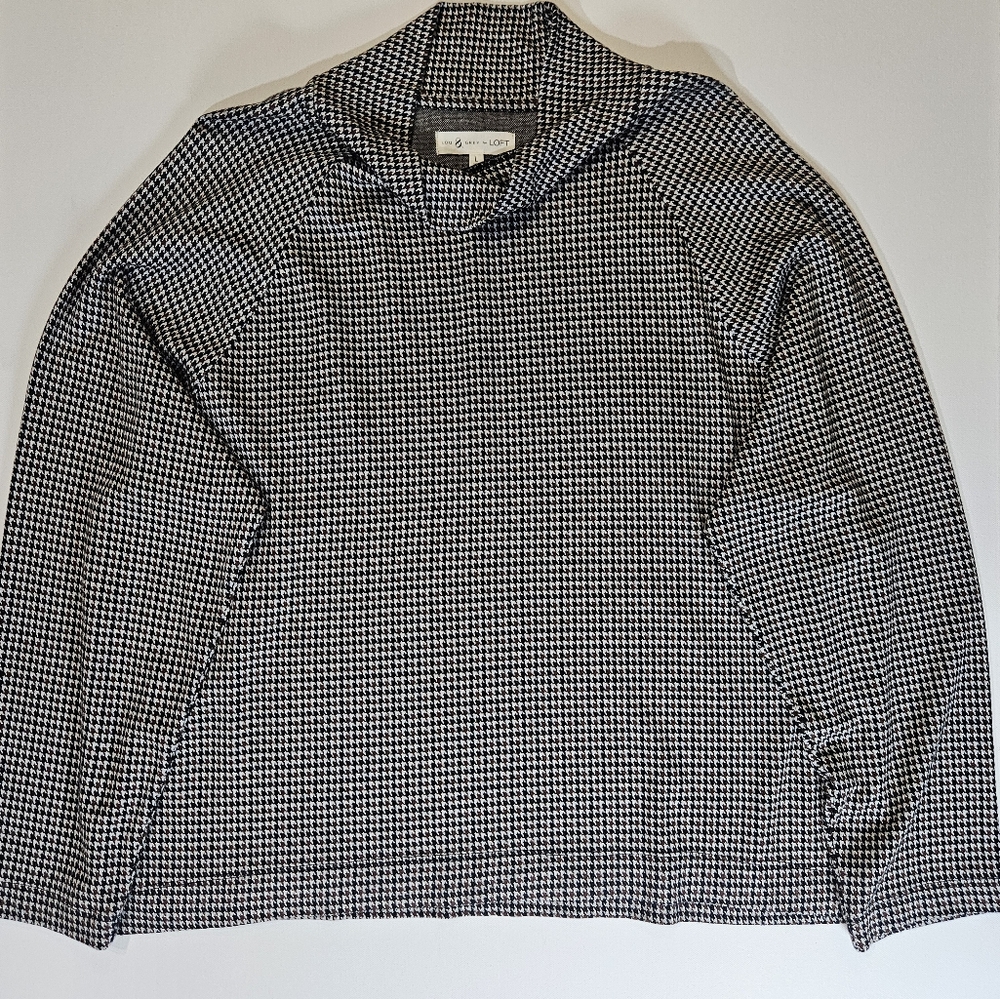 Lou & Grey Loft Blouse Womens Large Black White Houndstooth Mock Neck Office Top